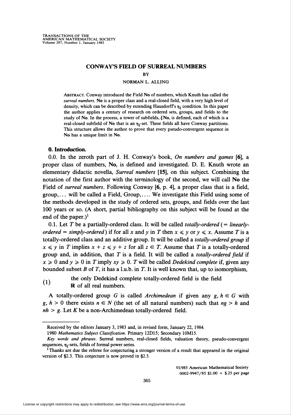 Conway's Field of Surreal Numbers by Norman L