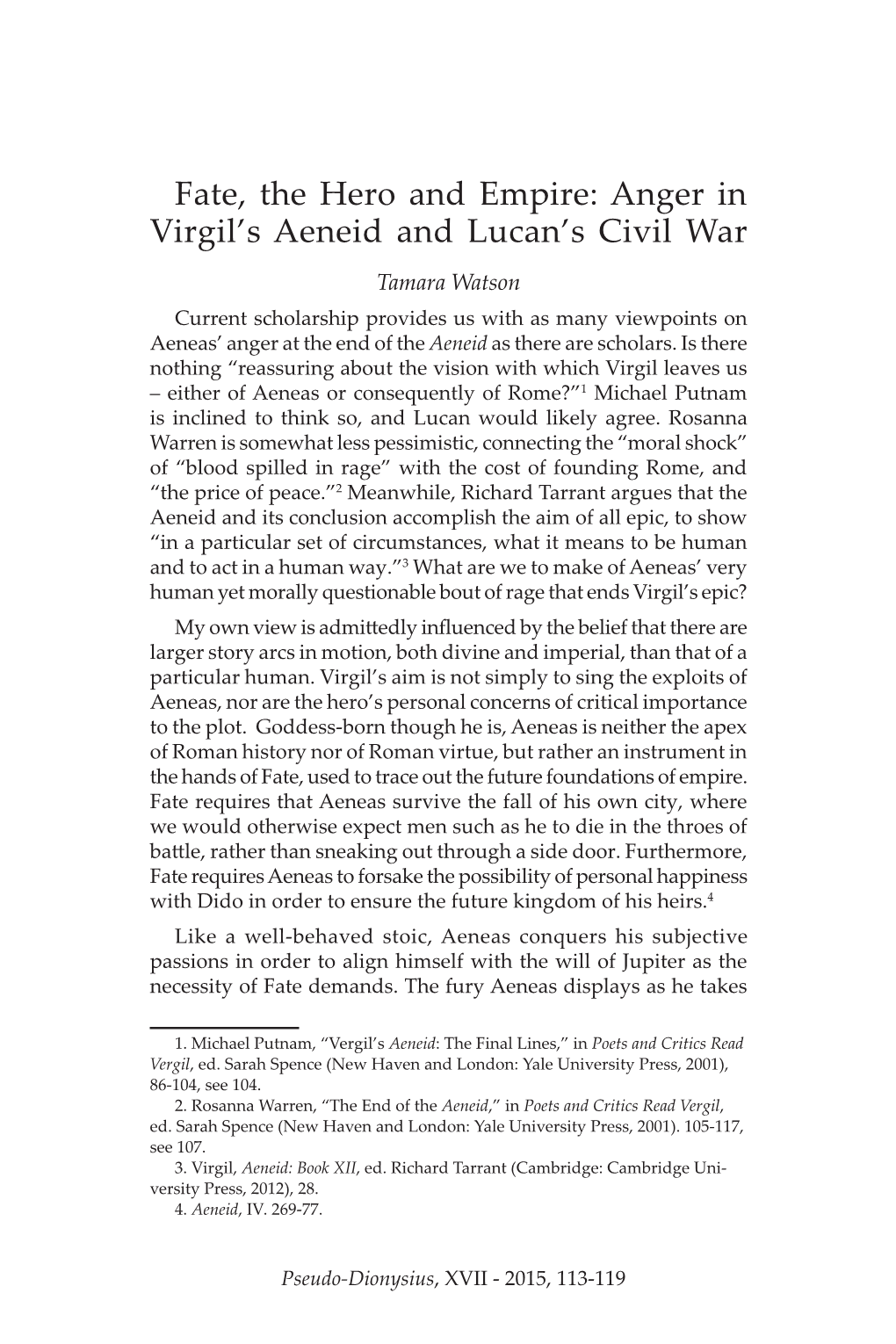 Fate, the Hero and Empire: Anger in Virgil's Aeneid and Lucan's Civil