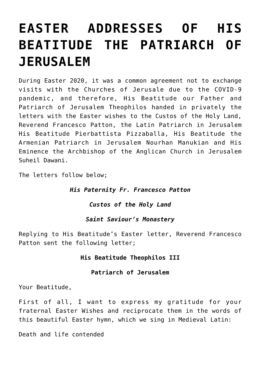 Easter Addresses of His Beatitude the Patriarch of Jerusalem