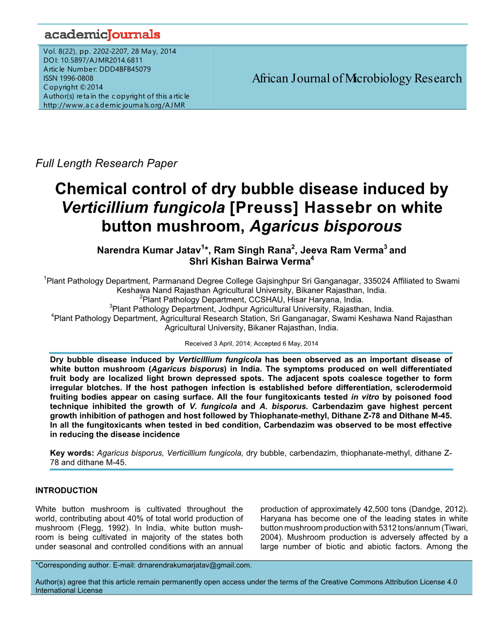 Chemical Control of Dry Bubble Disease Induced by Verticillium Fungicola [Preuss] Hassebr on White Button Mushroom, Agaricus Bisporous