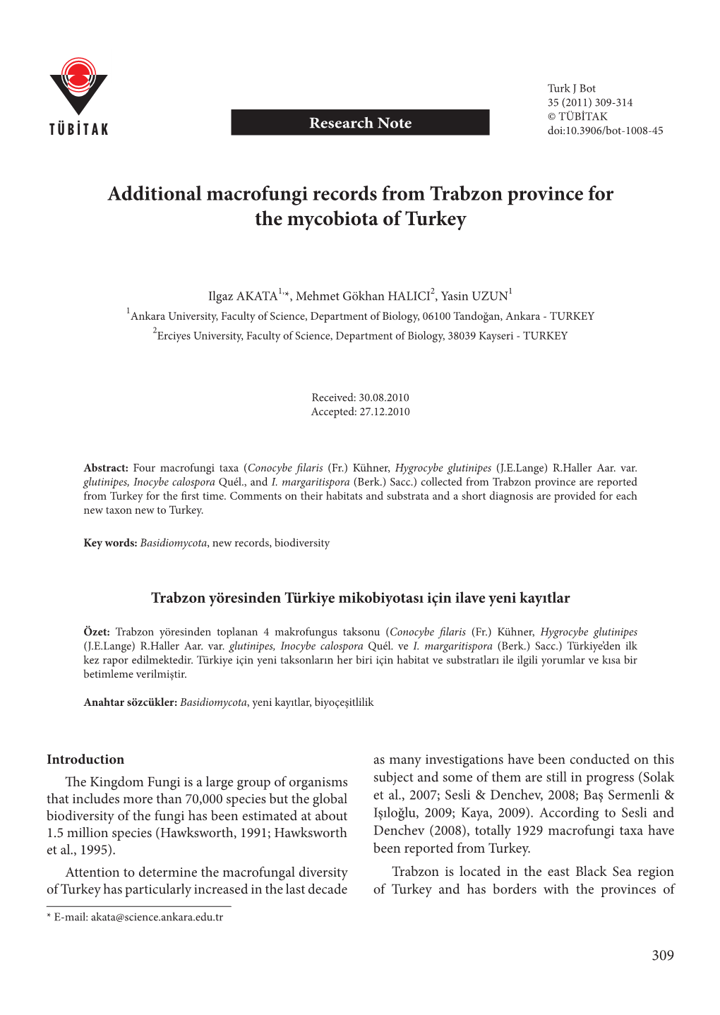 Additional Macrofungi Records from Trabzon Province for the Mycobiota of Turkey