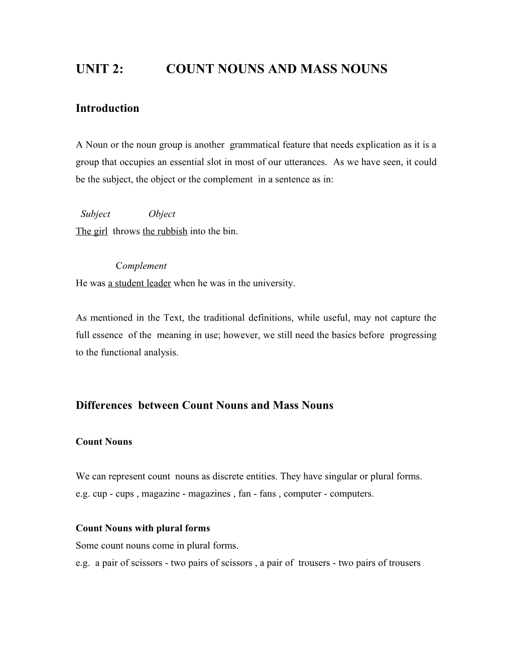 Unit 2: Count Nouns and Mass Nouns