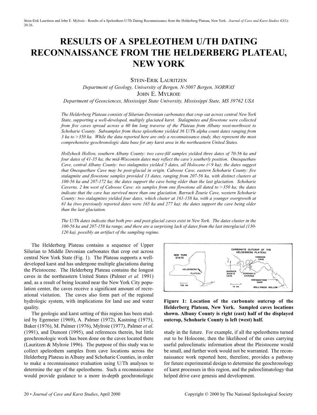 Results of a Speleothem U/Th Dating Reconnaissance from the Helderberg Plateau, New York