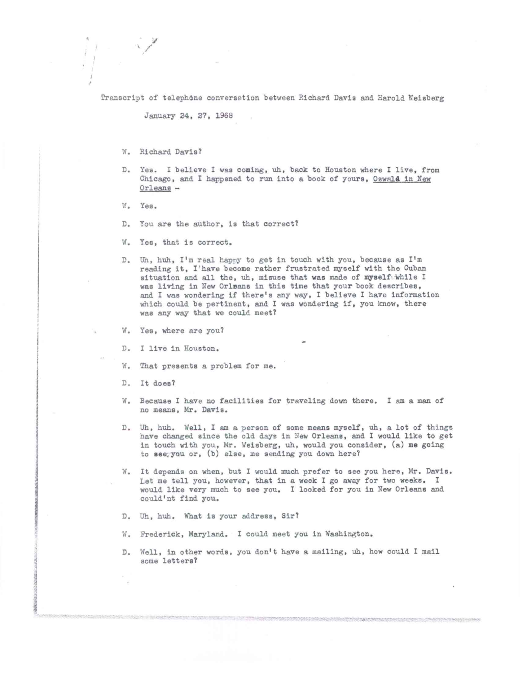 Transcript of Teleohdine Conversation Between Richard Davis and Harold Weisberg