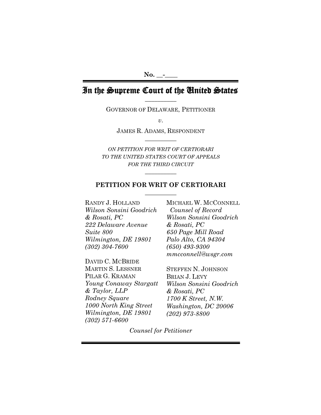 Petition for Writ of Certiorari to the United States Court of Appeals for the Third Circuit ______