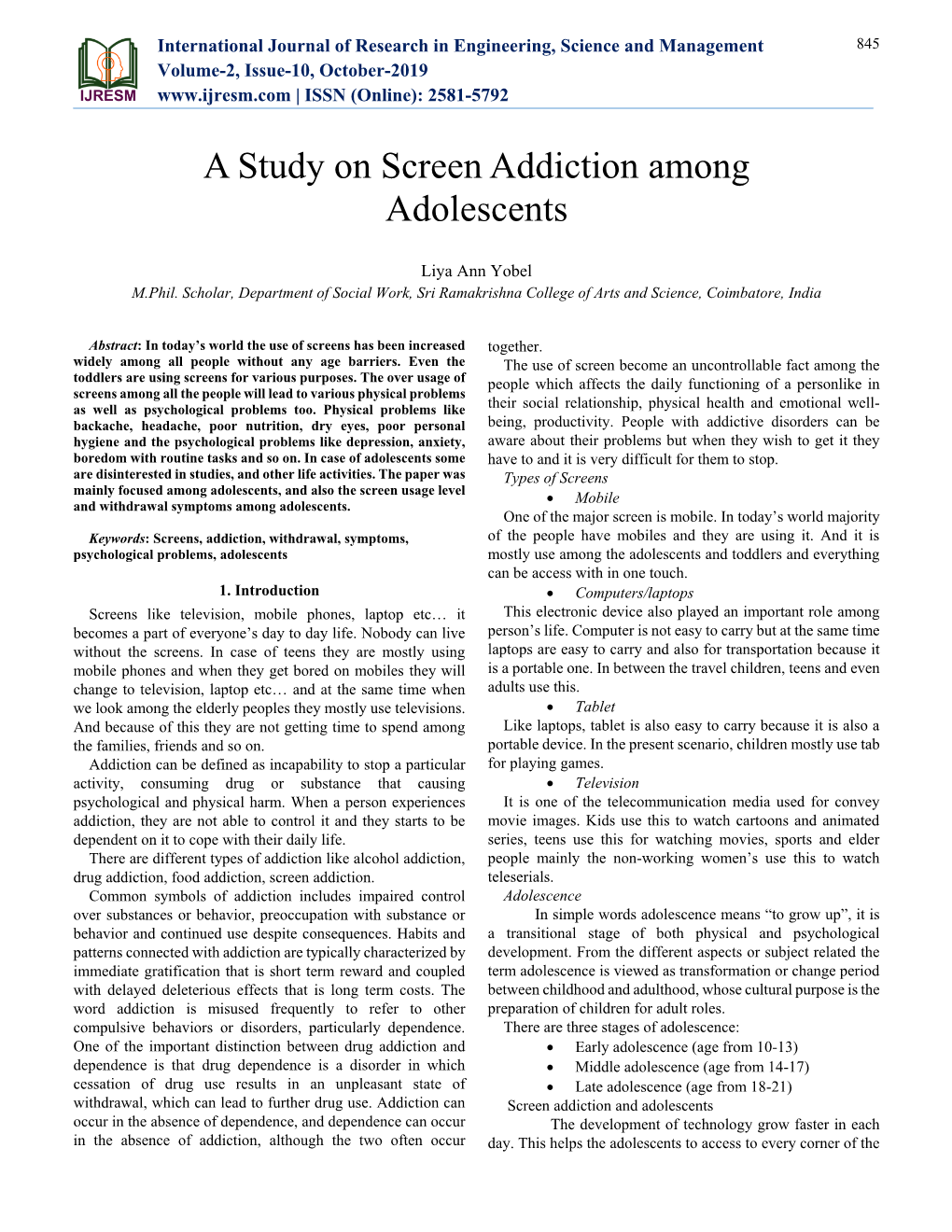 A Study on Screen Addiction Among Adolescents