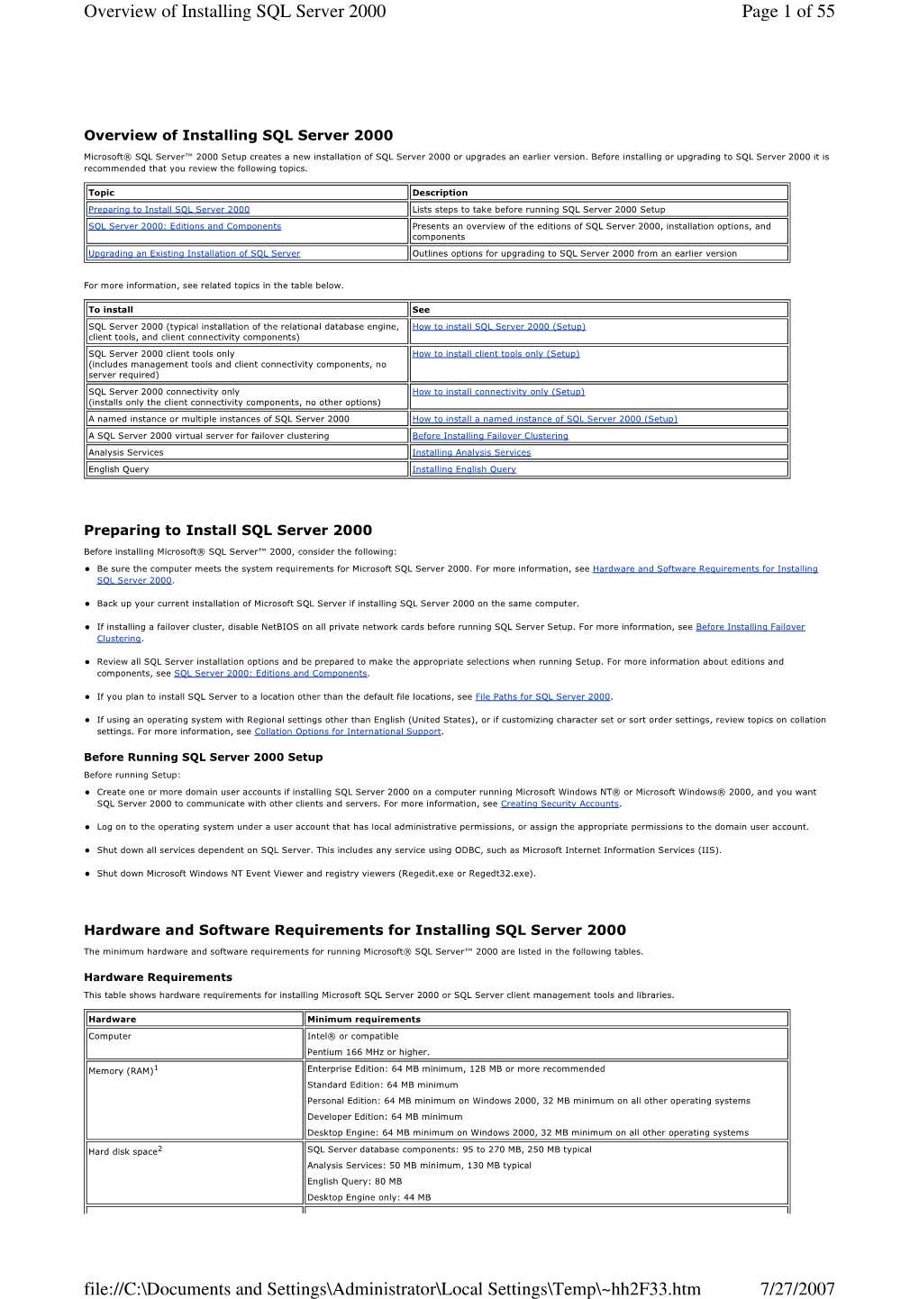Page 1 of 55 Overview of Installing SQL Server 2000 7/27/2007 File://C