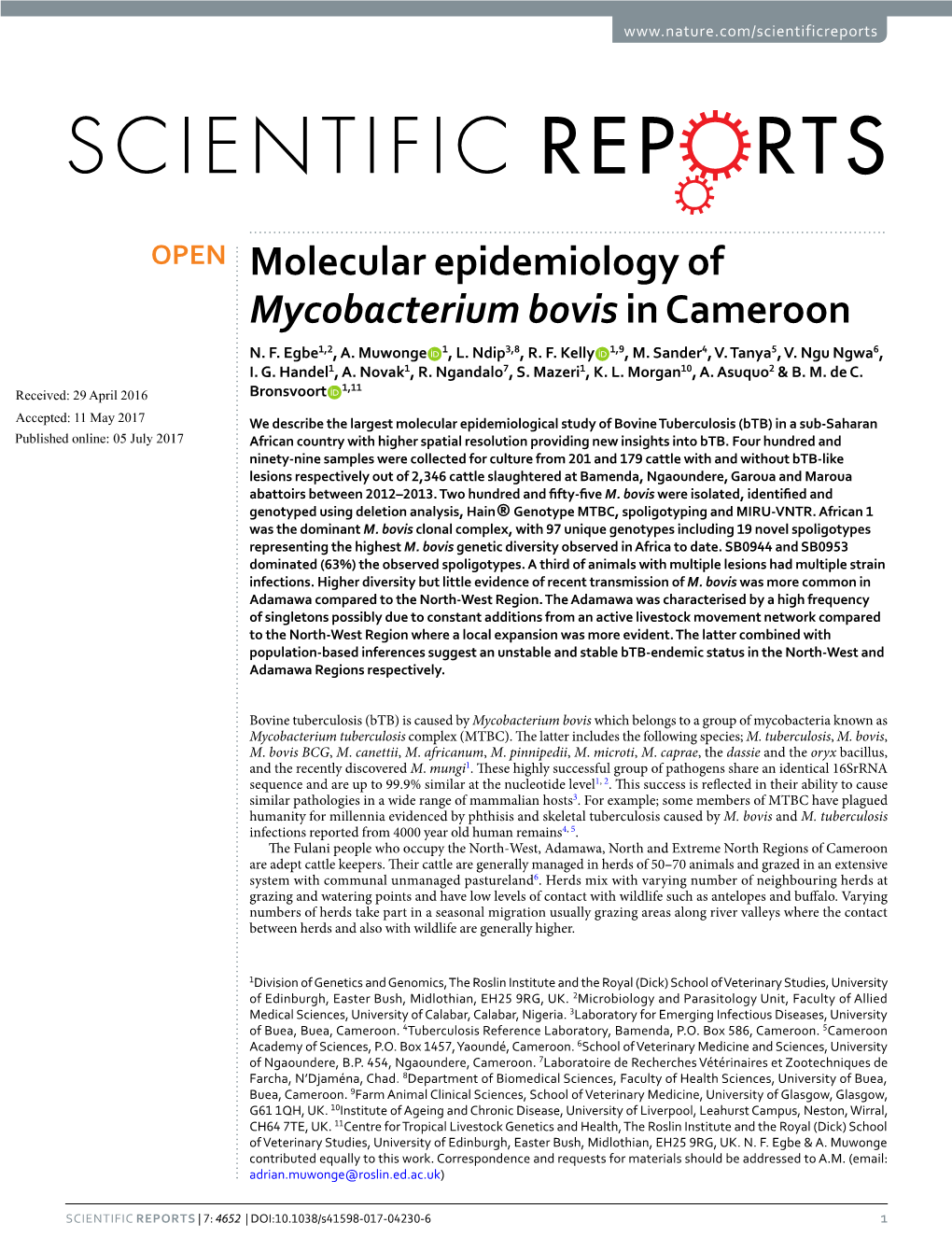 Molecular Epidemiology of Mycobacterium Bovis in Cameroon N