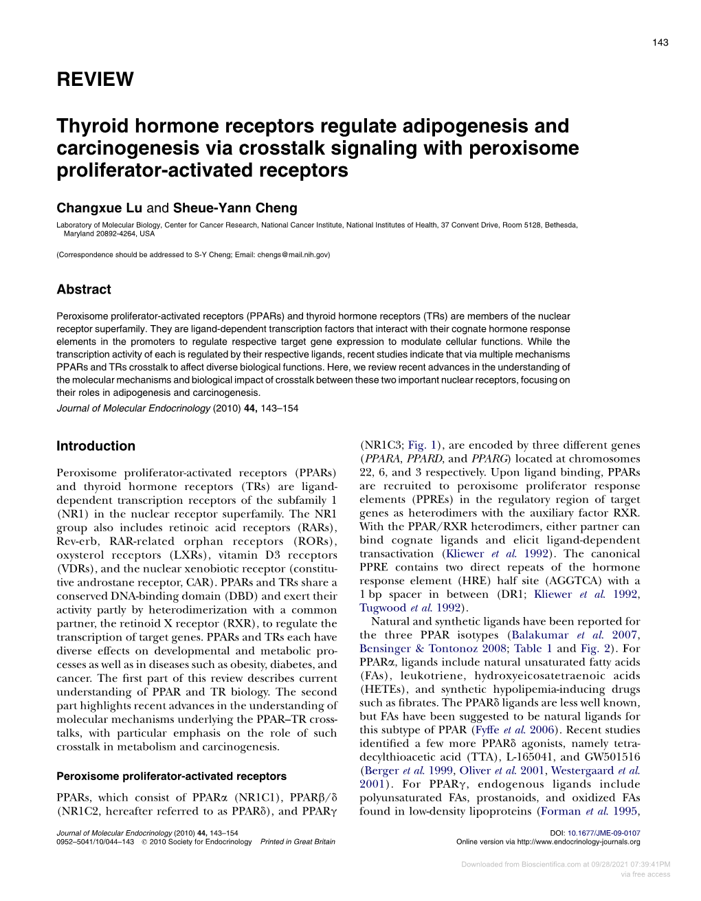 REVIEW Thyroid Hormone Receptors Regulate Adipogenesis and Carcinogenesis Via Crosstalk Signaling with Peroxisome Proliferator-A