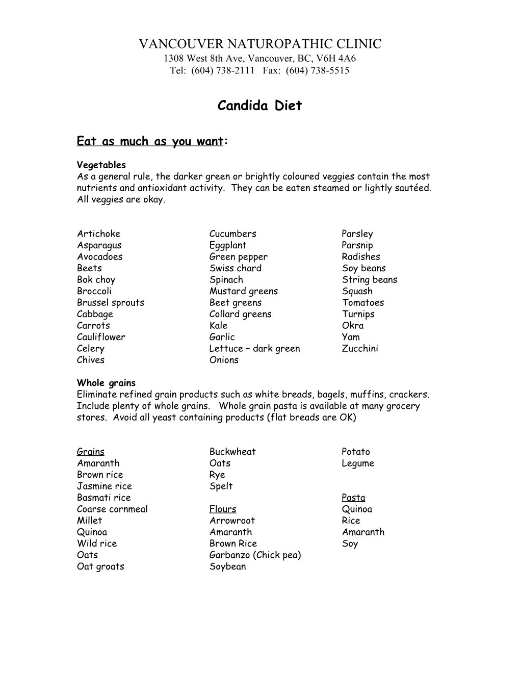 VANCOUVER NATUROPATHIC CLINIC Candida Diet