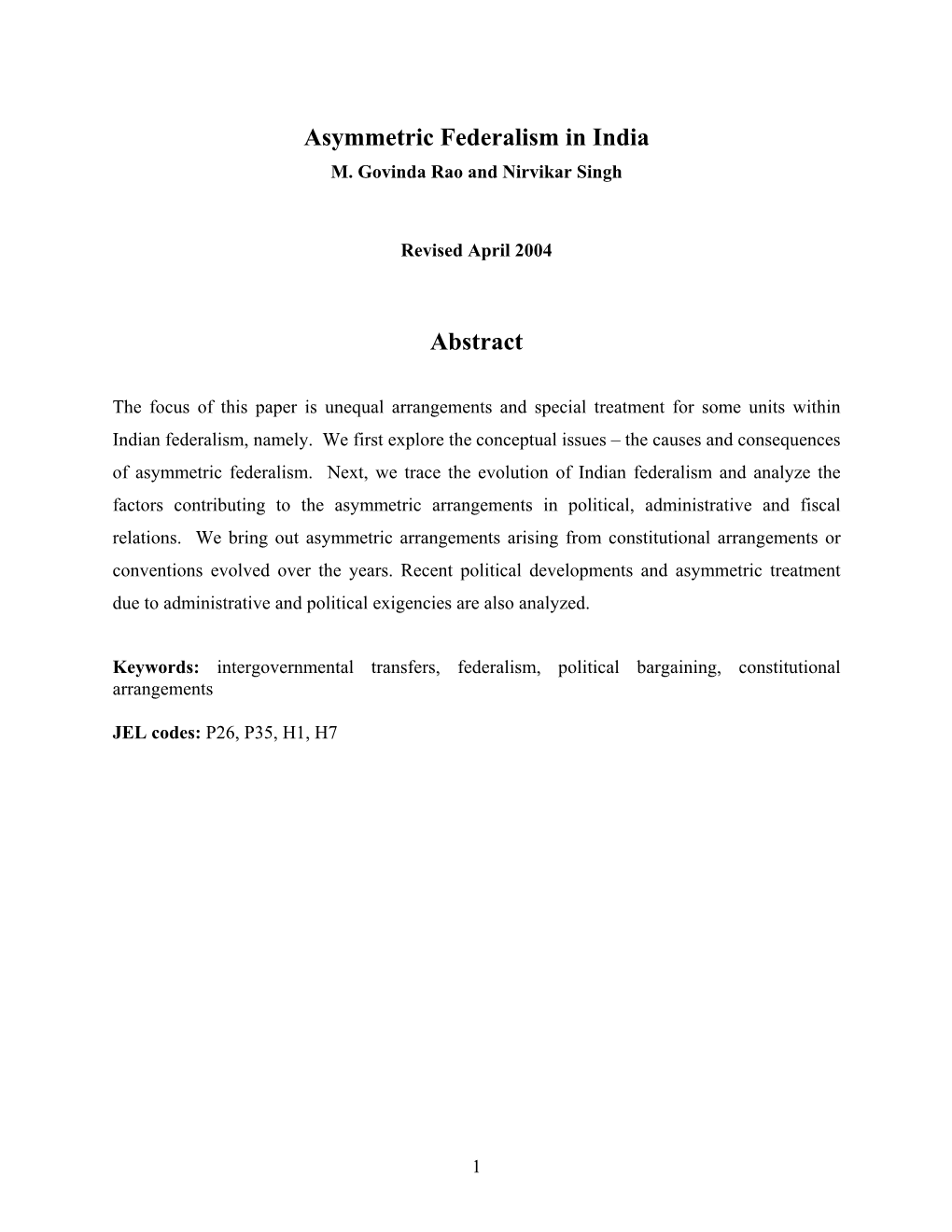 Asymmetric Federalism in India M