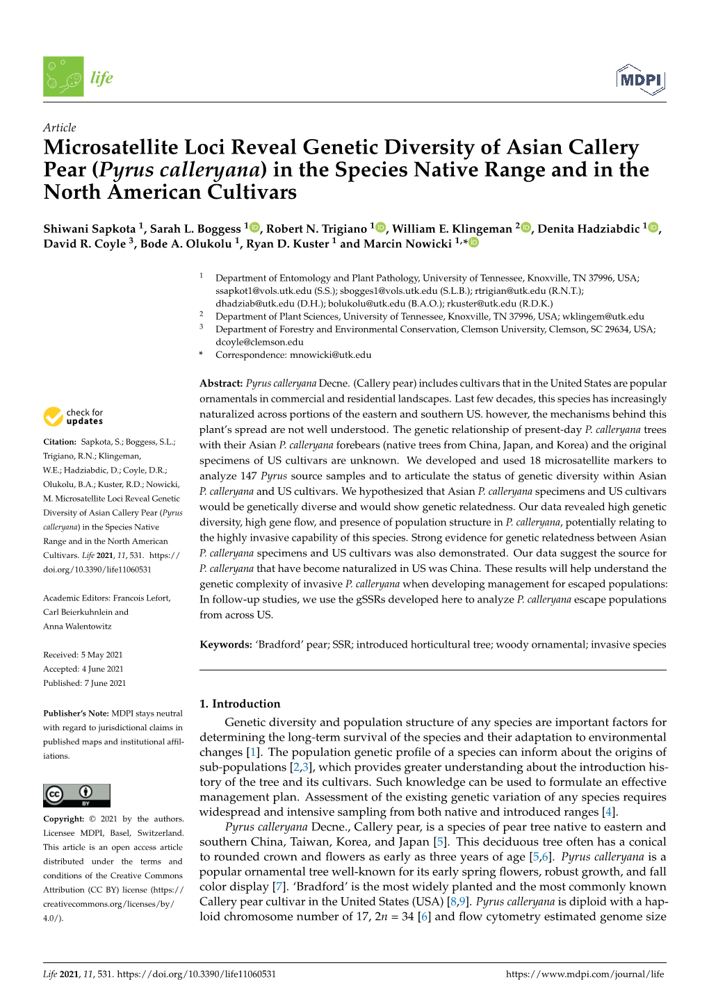 Microsatellite Loci Reveal Genetic Diversity of Asian Callery Pear (Pyrus Calleryana) in the Species Native Range and in the North American Cultivars