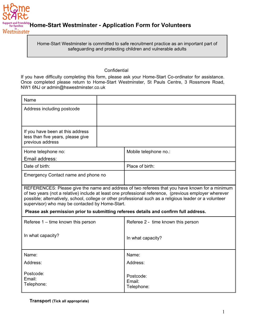 Home-Start Westminster - Application Form for Volunteers