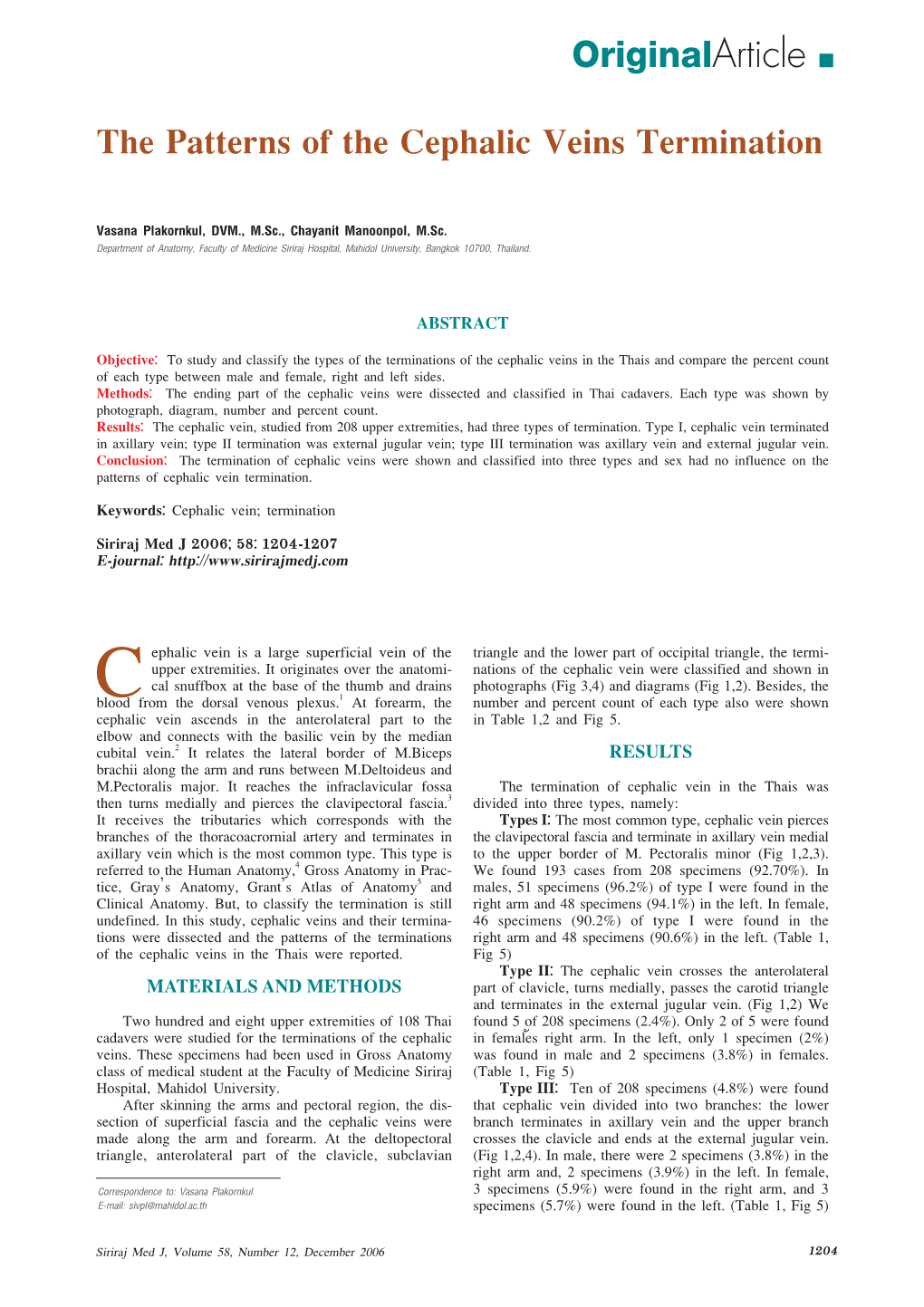 Originalarticle the Patterns of the Cephalic Veins Termination