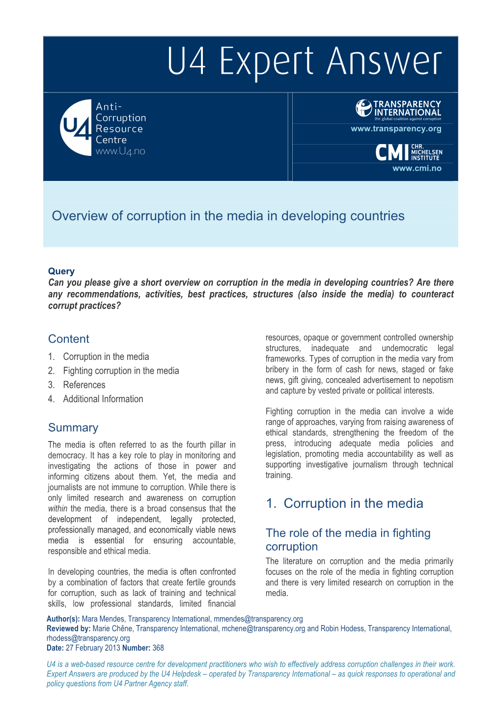 Overview of Corruption in the Media in Developing Countries