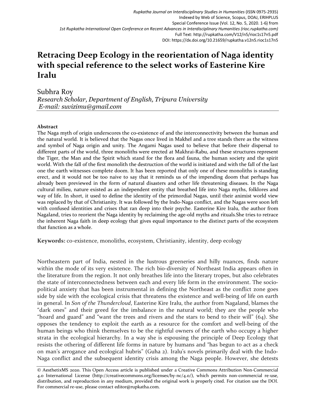 Retracing Deep Ecology in the Reorientation of Naga Identity with Special Reference to the Select Works of Easterine Kire Iralu