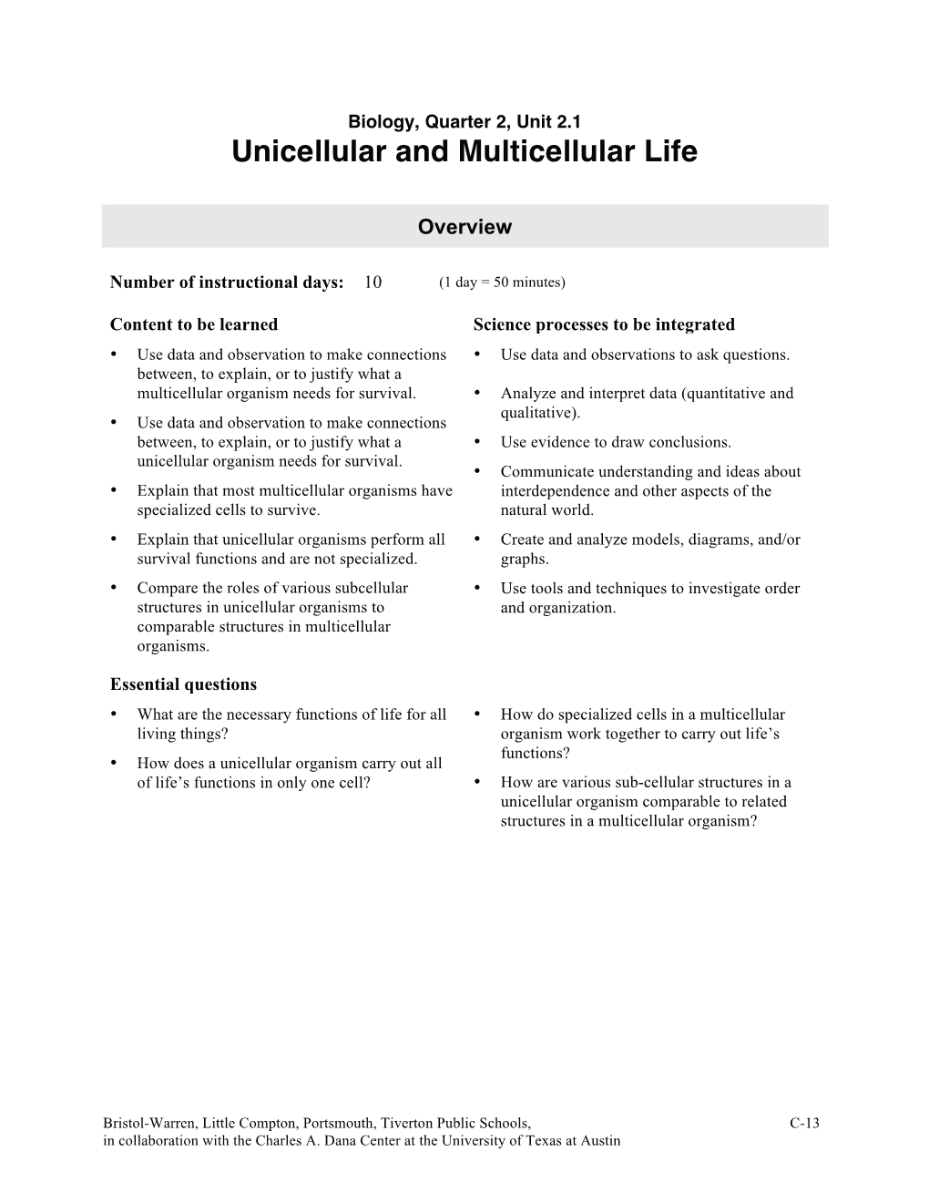 Unicellular and Multicellular Life