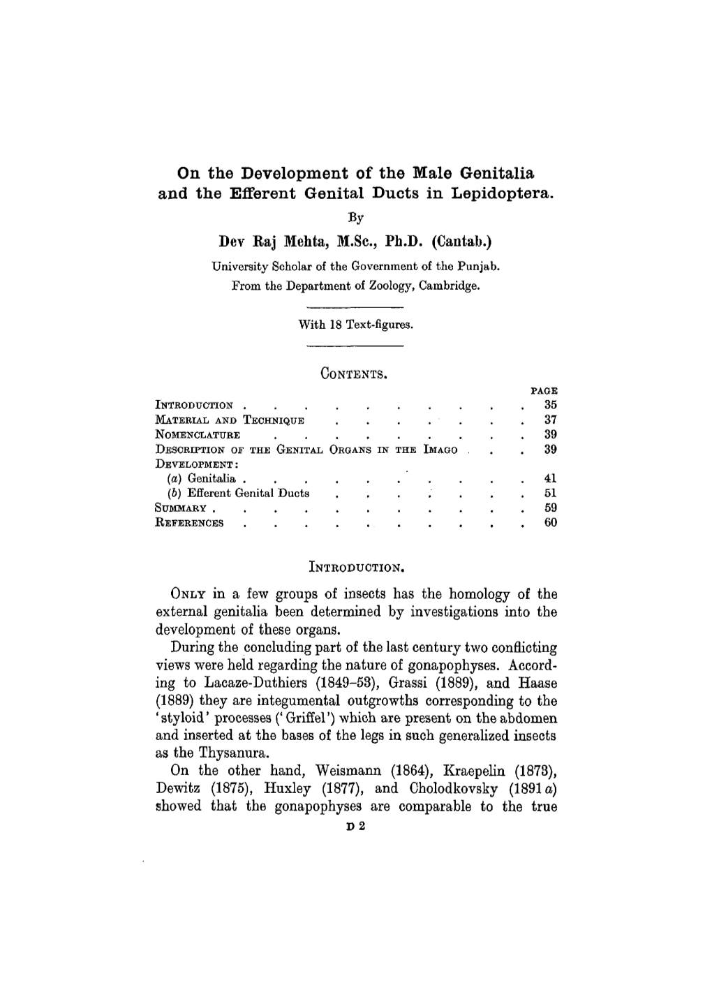 On the Development of the Male Genitalia and the Efferent Genital Ducts in Lepidoptera