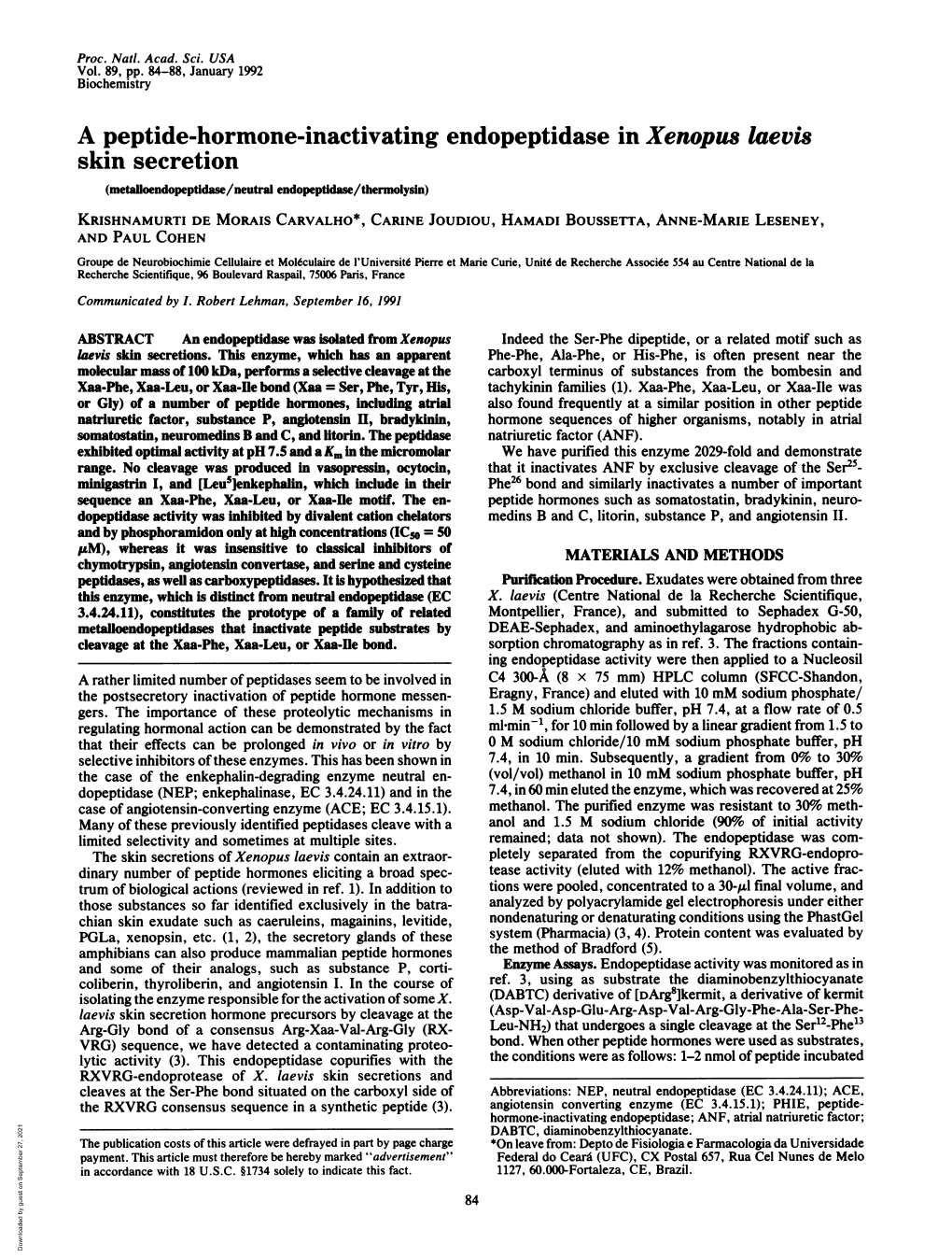 A Peptide-Hormone-Inactivating Endopeptidase in Xenopus Laevis Skin Secretion