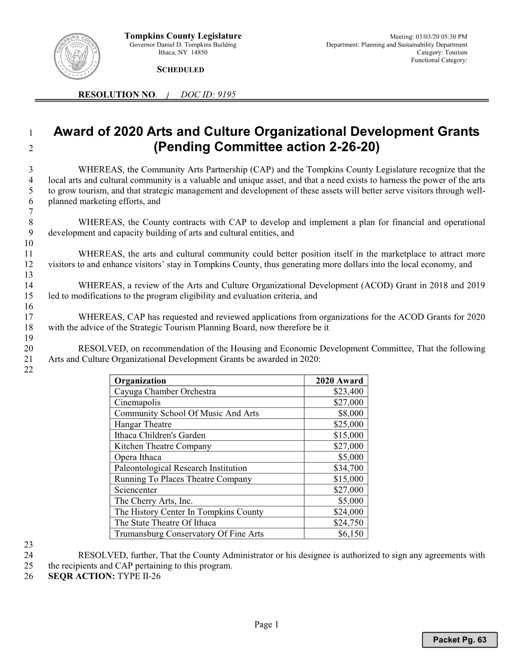 2020 Arts and Culture Organizational Development Grants 2 (Pending Committee Action 2-26-20)