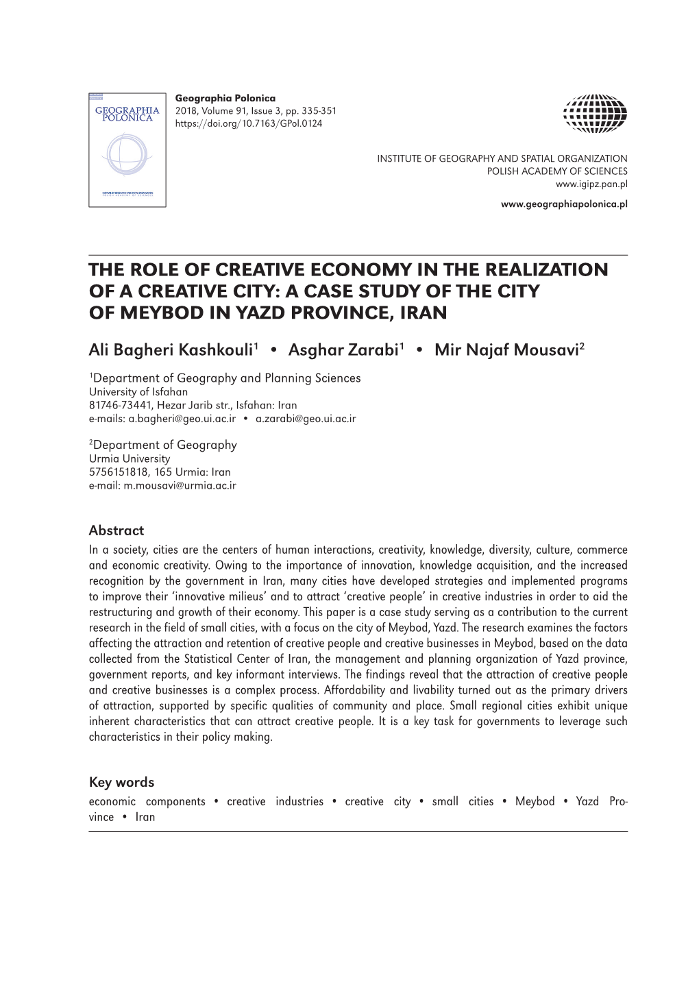 The Role of Creative Economy in the Realization of a Creative City: a Case Study of the City of Meybod in Yazd Province, Iran