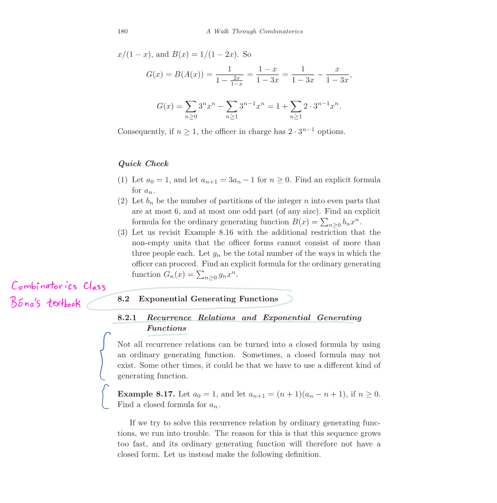 Sec 8.2.1 Recurrence Relations and Exponential Generating Function