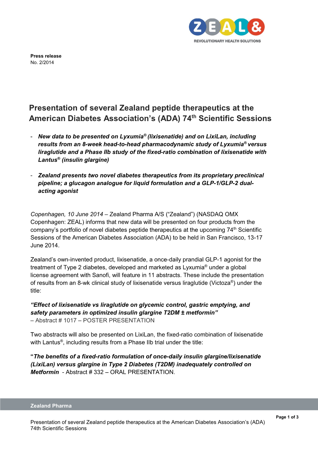 Presentation of Several Zealand Peptide Therapeutics at the Th American Diabetes Association’S (ADA) 74 Scientific Sessions