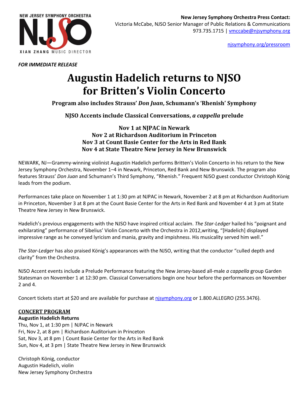 Augustin Hadelich Returns to NJSO for Britten's Violin Concerto