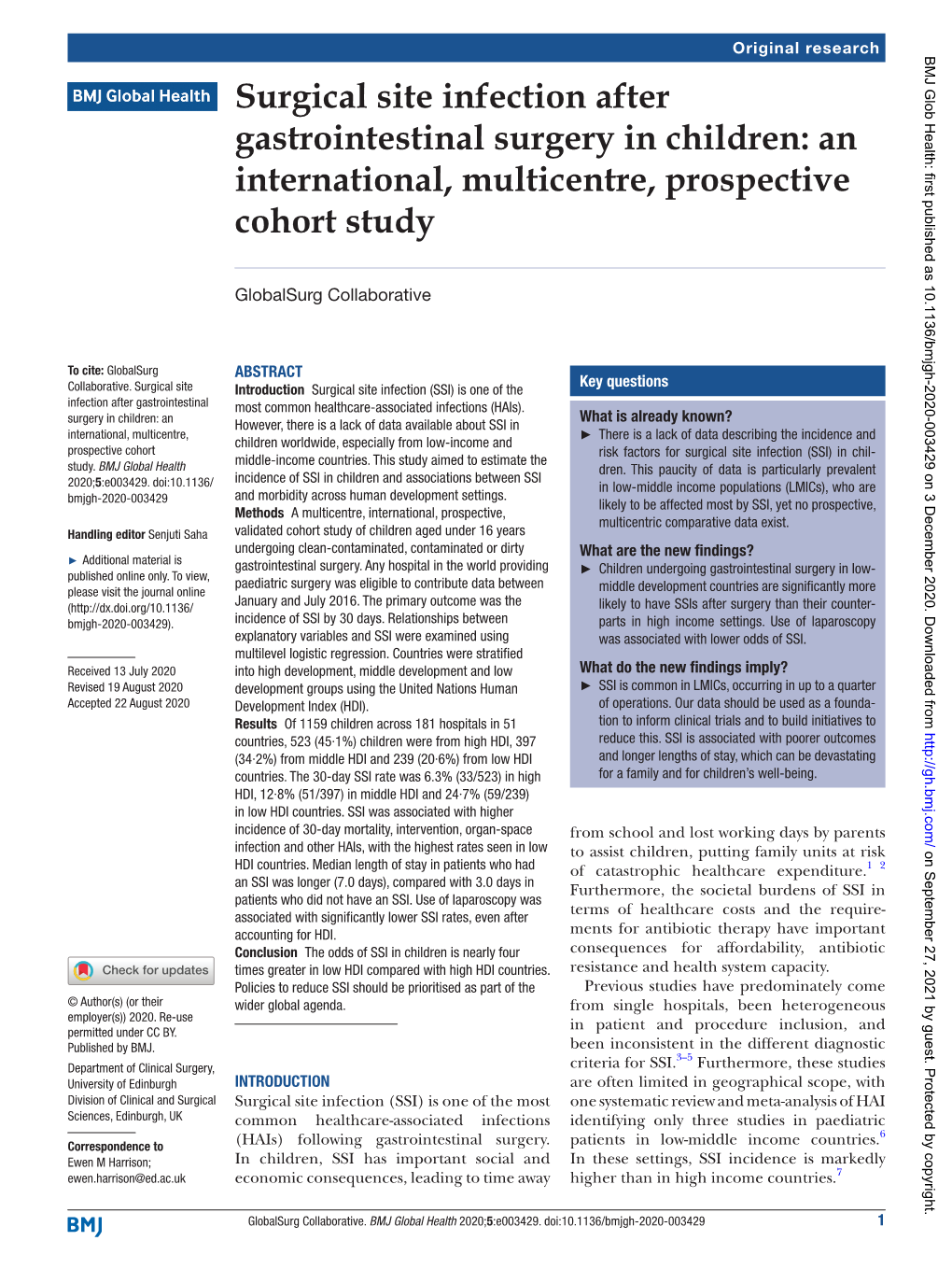 Surgical Site Infection After Gastrointestinal Surgery in Children: an International, Multicentre, Prospective Cohort Study