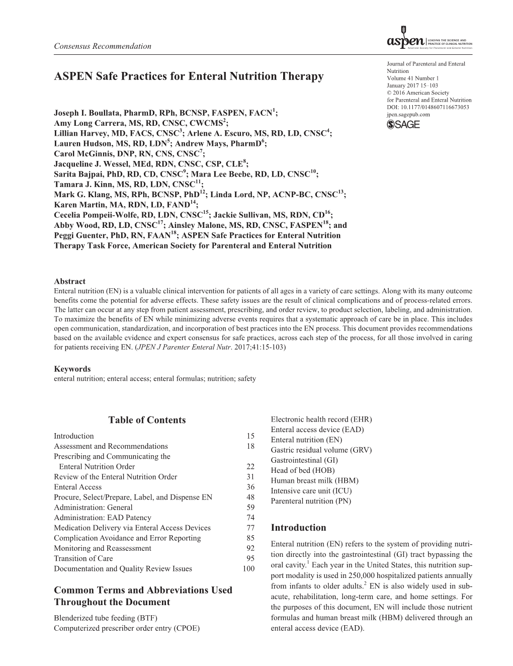 ASPEN Safe Practices for Enteral Nutrition Therapy