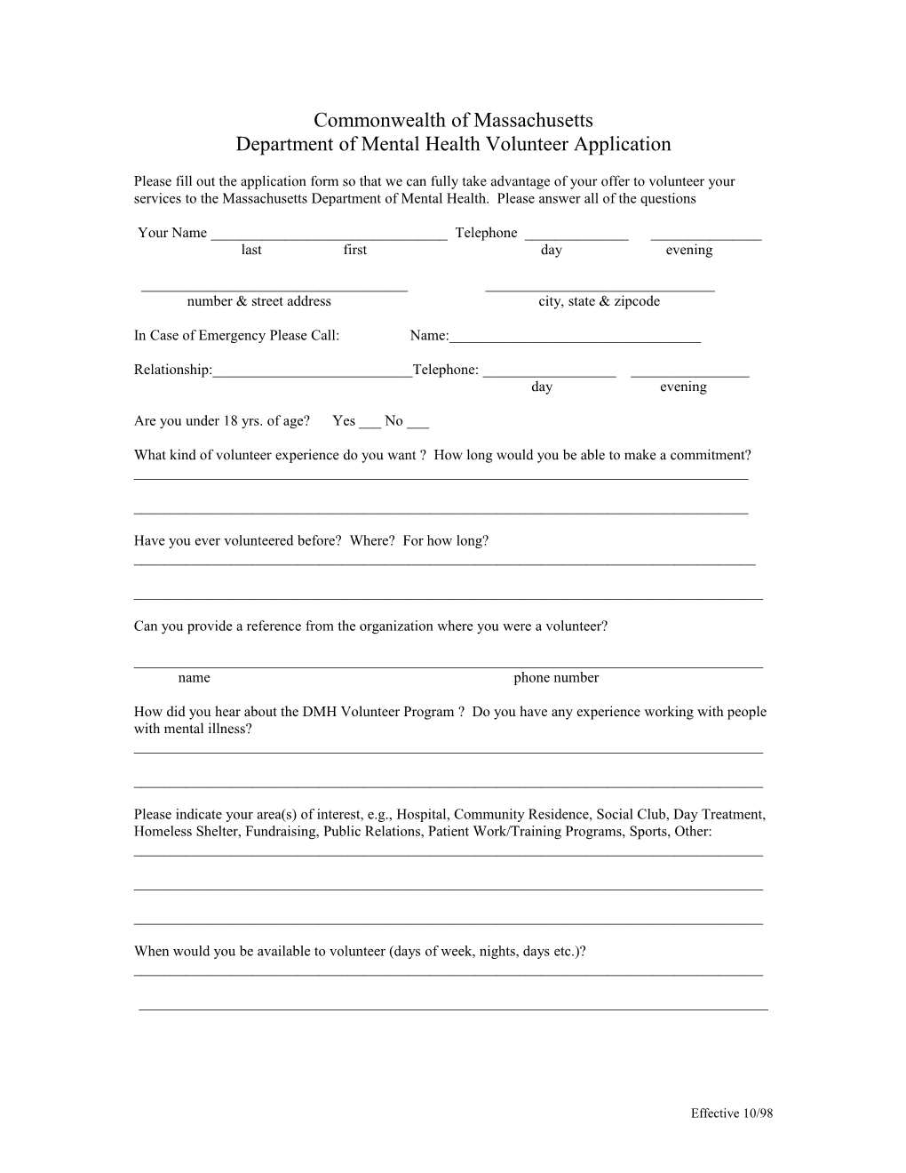 Department of Mental Health Volunteer Application