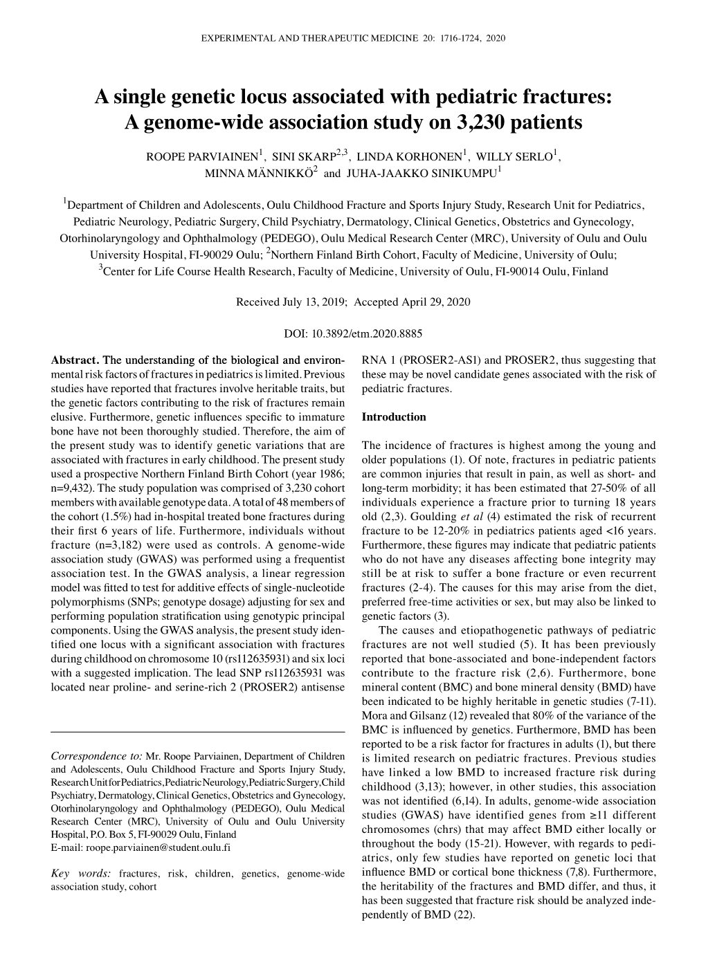 A Single Genetic Locus Associated with Pediatric Fractures: a Genome-Wide Association Study on 3,230 Patients