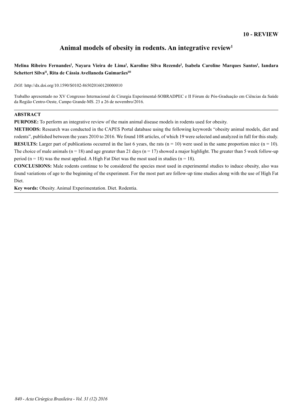 Animal Models of Obesity in Rodents. an Integrative Review1