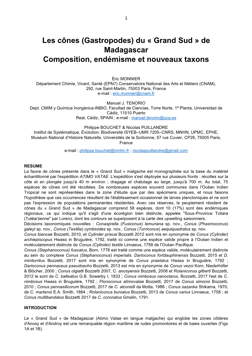 Les Cônes (Gastropodes) Du « Grand Sud » De Madagascar Composition, Endémisme Et Nouveaux Taxons