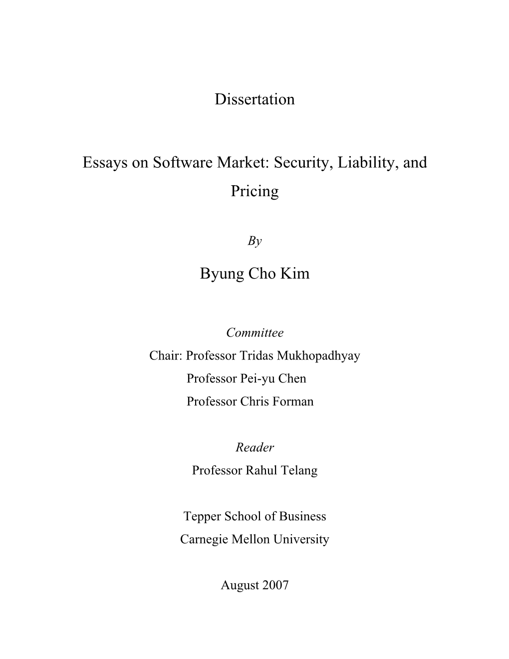 Essays on Software Market: Security, Liability, and Pricing