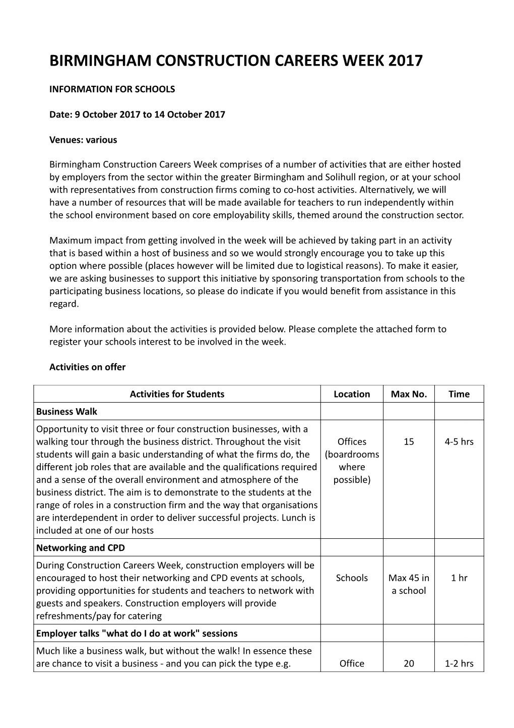 Birmingham Construction Careers Week 2017