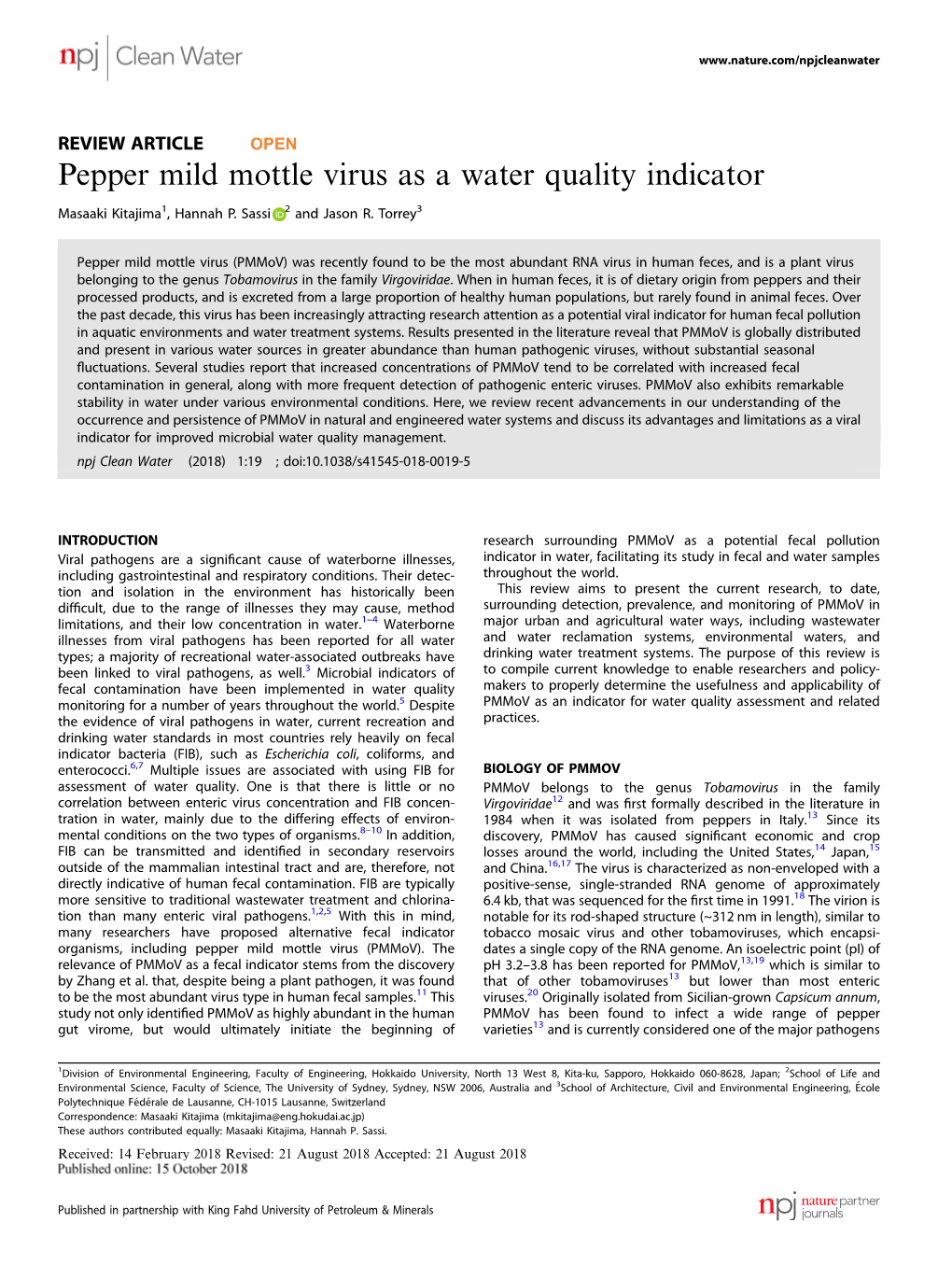 Pepper Mild Mottle Virus As a Water Quality Indicator