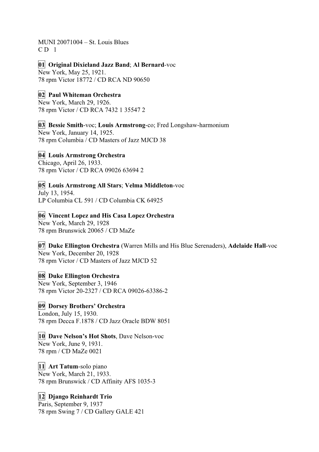 MUNI 20071004 – St. Louis Blues C D 1 01 Original Dixieland Jazz Band; Al Bernard-Voc New York, May 25, 1921. 78 Rpm Victor