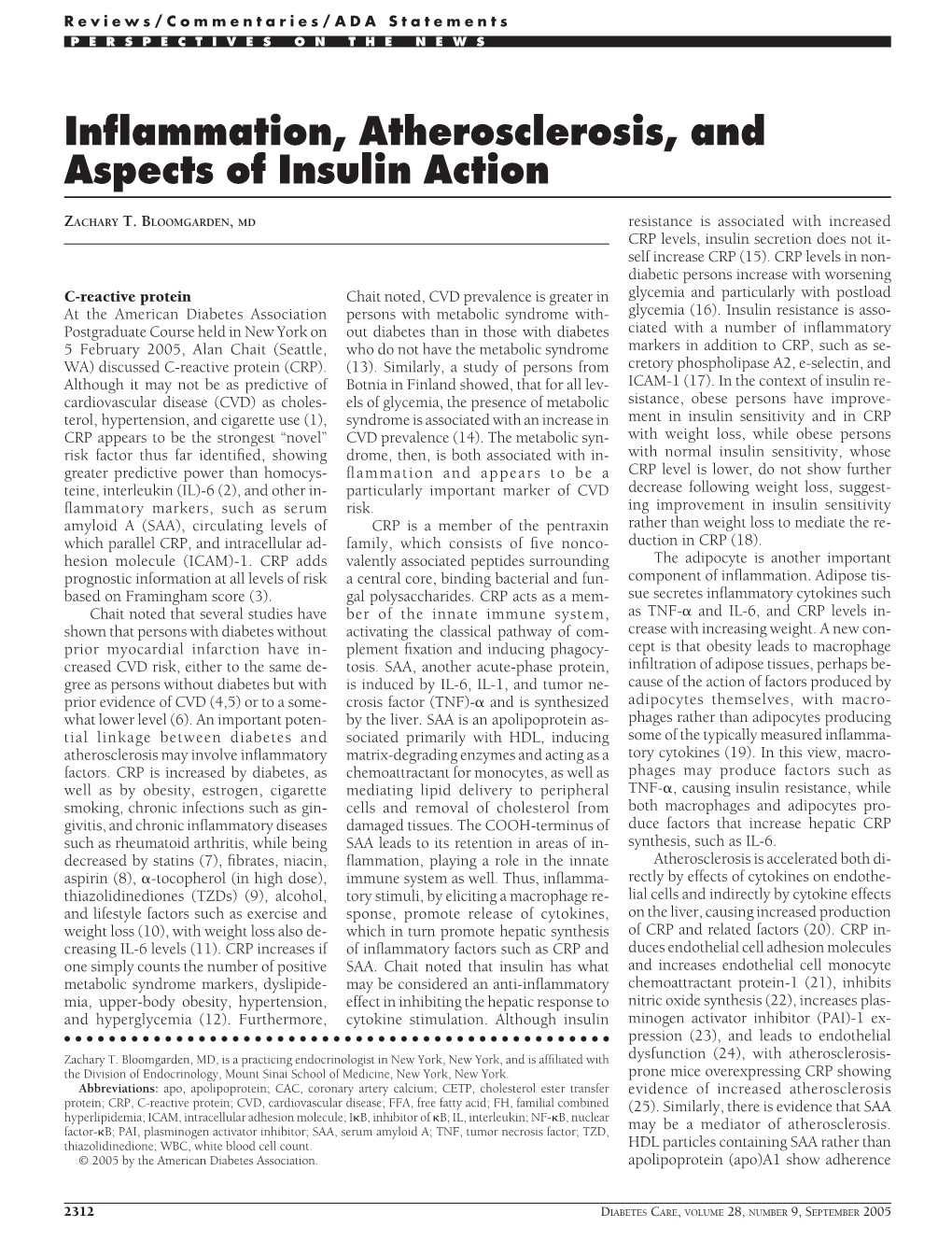 Inflammation, Atherosclerosis, and Aspects of Insulin Action