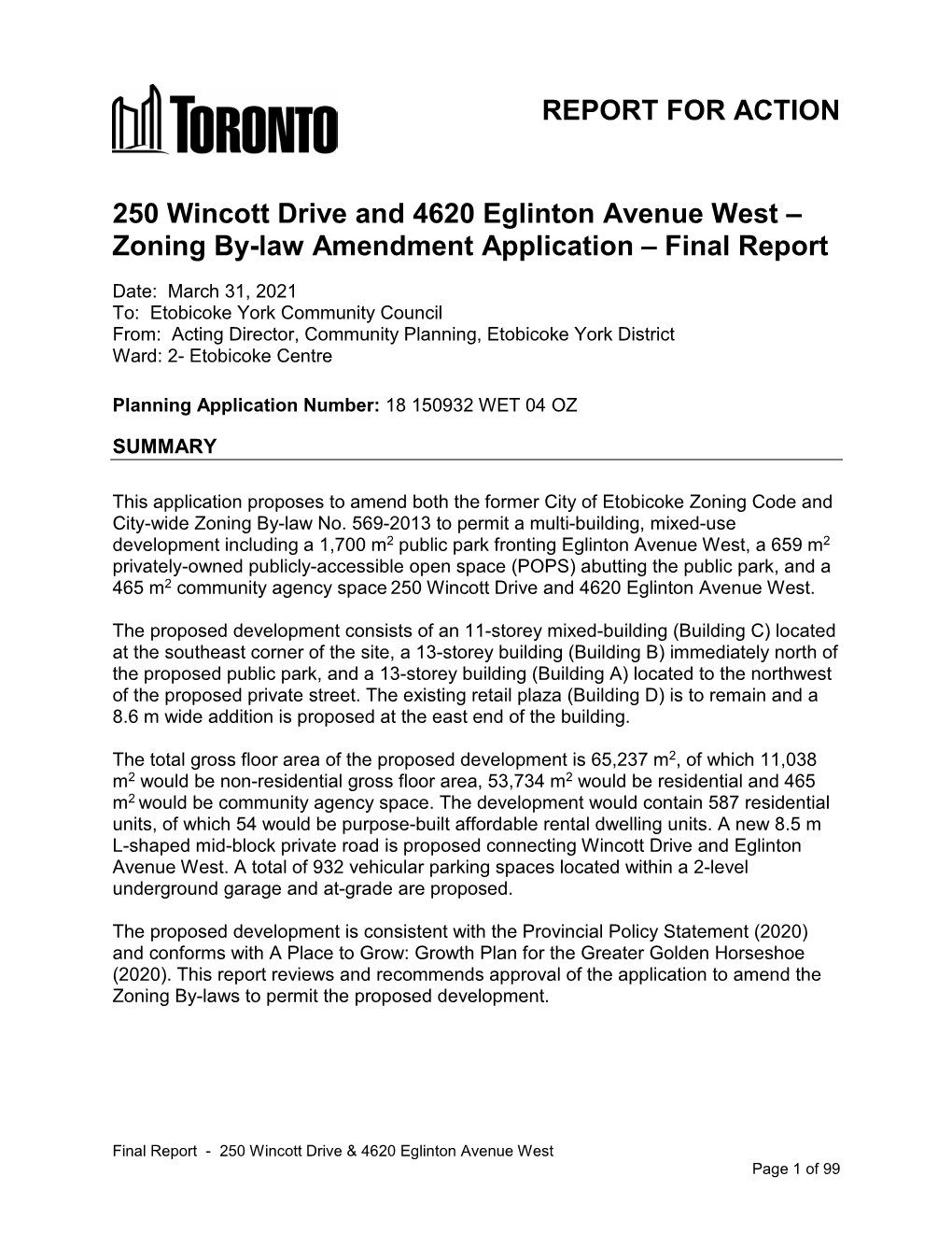 250 Wincott Drive and 4620 Eglinton Avenue West – Zoning By-Law Amendment Application – Final Report