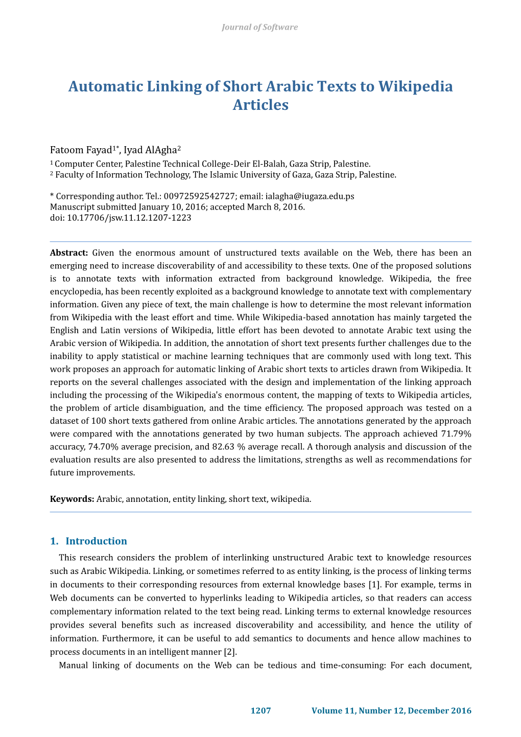 Automatic Linking of Short Arabic Texts to Wikipedia Articles