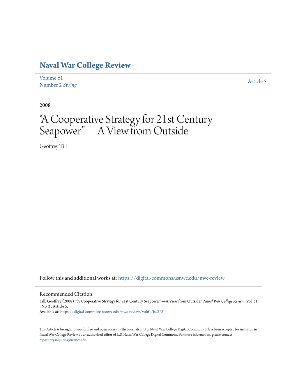 A Cooperative Strategy for 21St Century Seapower”—A View from Outside Geoffrey Till