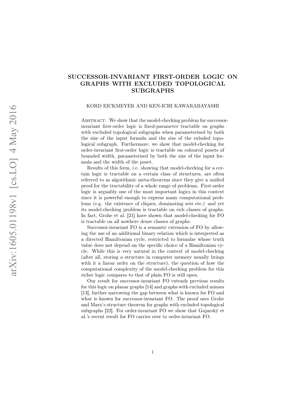 Successor-Invariant First-Order Logic on Graphs with Excluded Topological Subgraphs