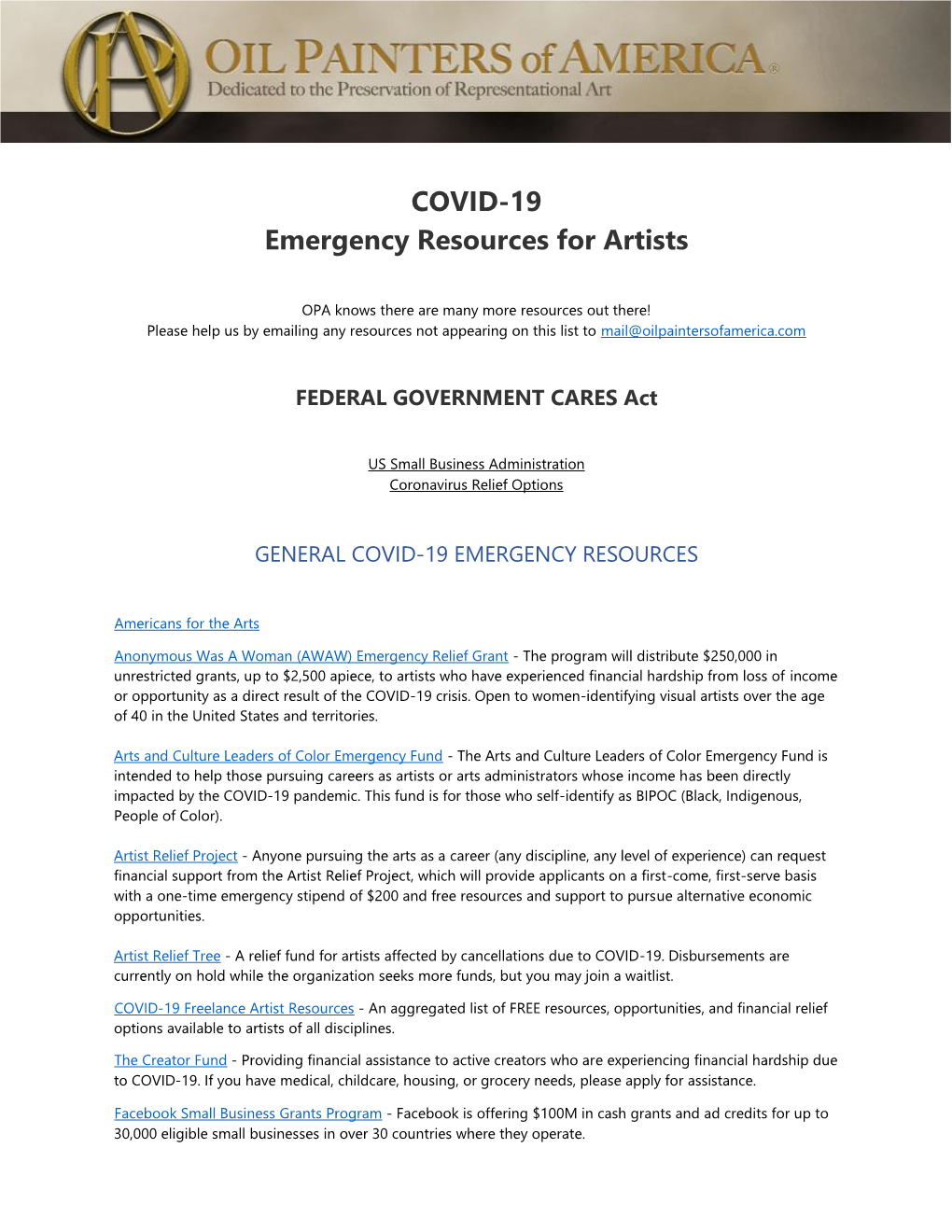 COVID-19 Emergency Resources for Artists