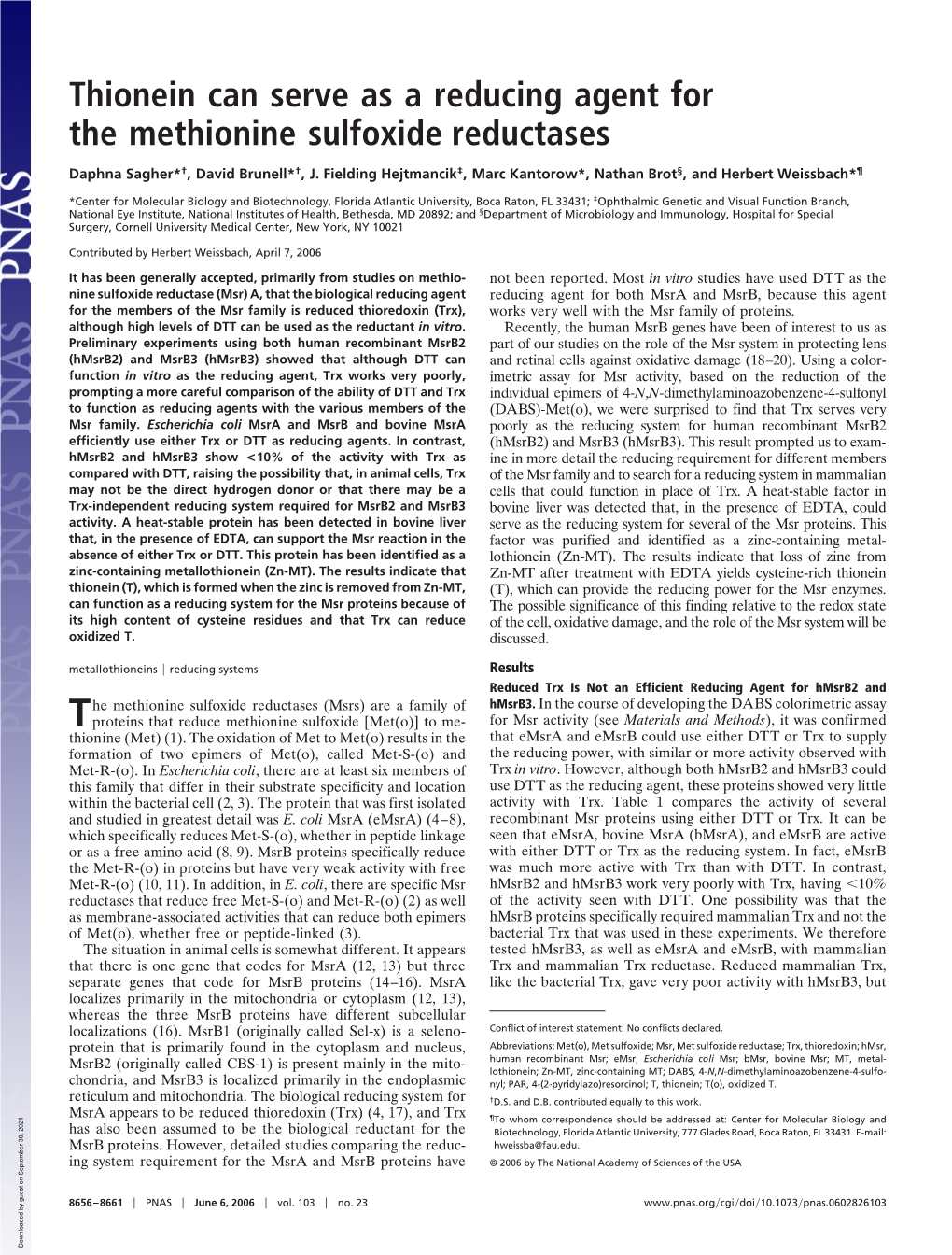 Thionein Can Serve As a Reducing Agent for the Methionine Sulfoxide Reductases