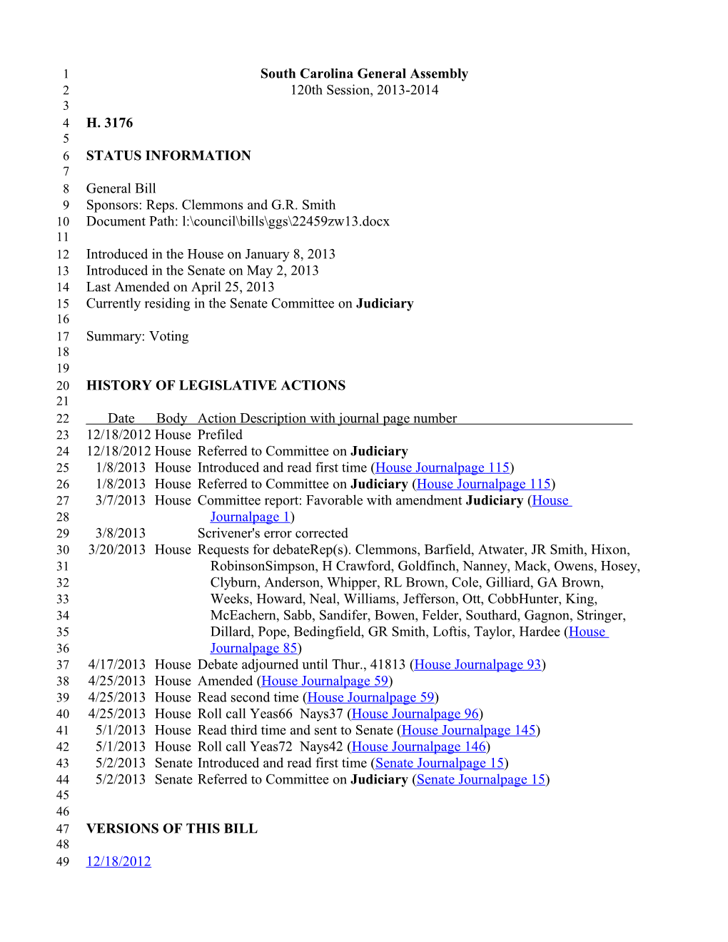 2013-2014 Bill 3176: Voting - South Carolina Legislature Online