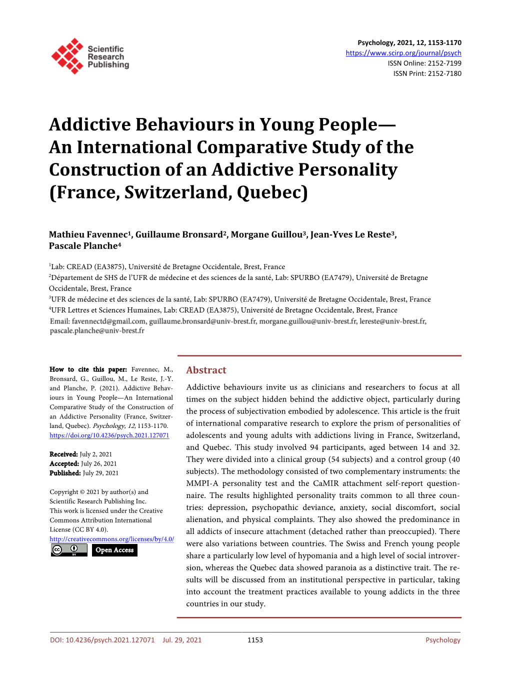 Addictive Behaviours in Young People— an International Comparative Study of the Construction of an Addictive Personality (France, Switzerland, Quebec)