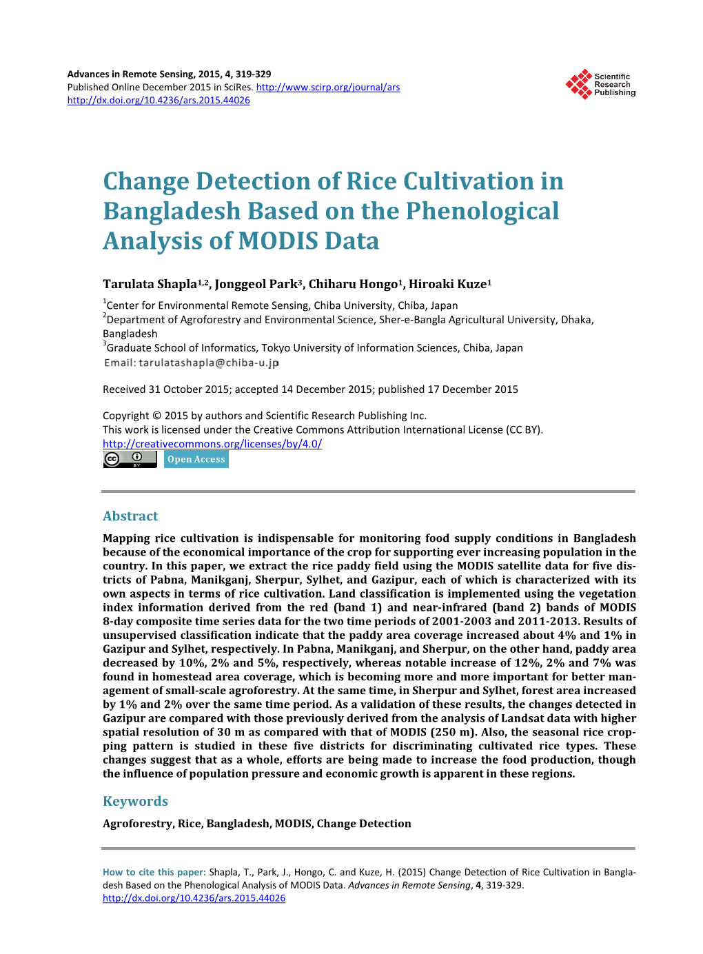 Change Detection of Rice Cultivation in Bangladesh Based on the Phenological Analysis of MODIS Data