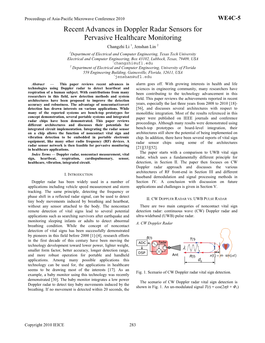 Recent Advances in Doppler Radar Sensors for Pervasive Healthcare