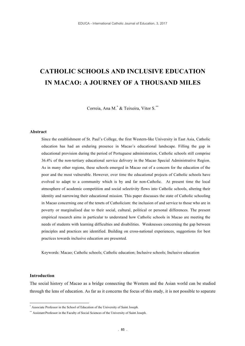 Catholic Schools and Inclusive Education in Macao: a Journey of a Thousand Miles